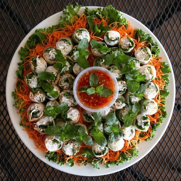 A platter of Vietnamese spring rolls with mint, shredded carrots, lettuce, and a dipping sauce.