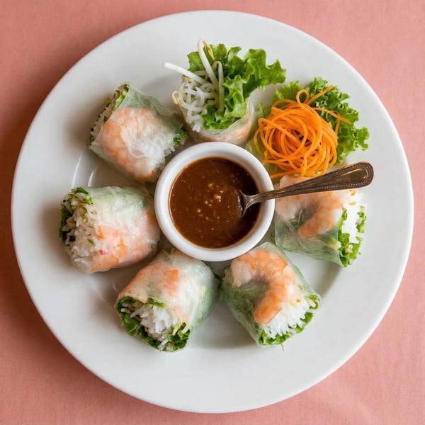 Six Vietnamese spring rolls with shrimp, rice noodles, and greens, served with peanut sauce.