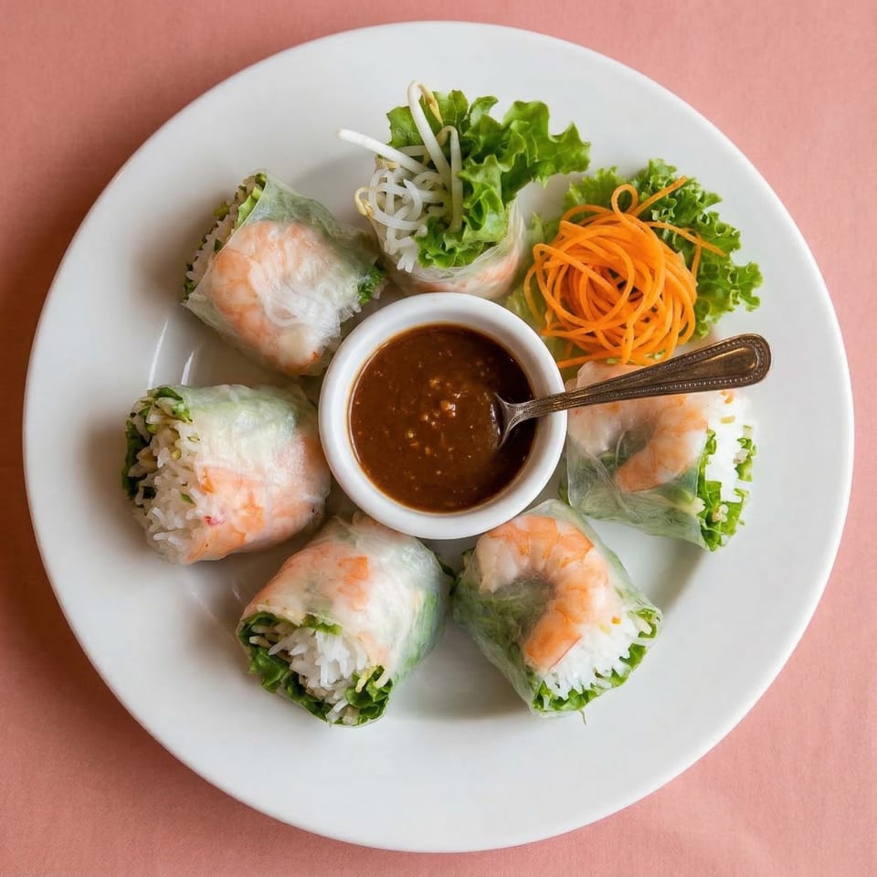 Six Vietnamese spring rolls with shrimp, rice noodles, and greens, served with peanut sauce.