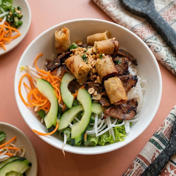 A Vietnamese vermicelli bowl with grilled pork, crispy spring rolls, fresh vegetables, and peanuts.