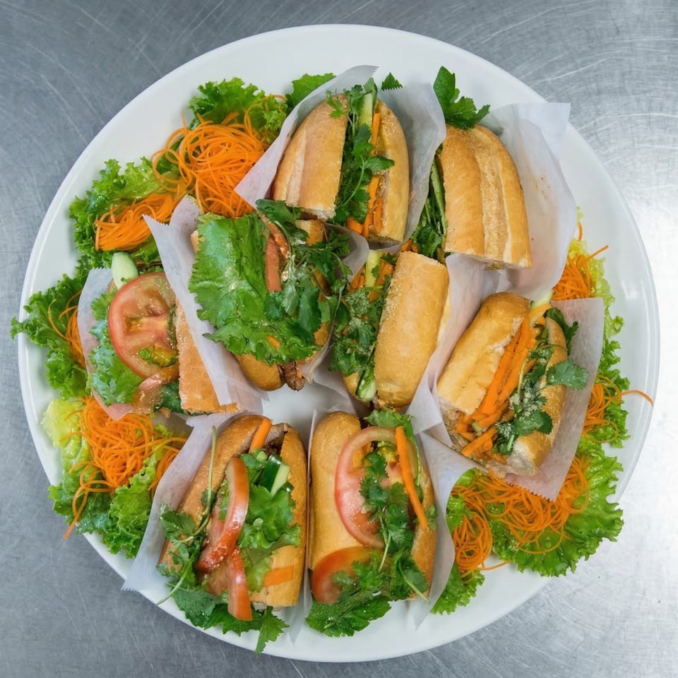 A large white platter filled with several Vietnamese banh mi sandwiches, garnished with lettuce and shredded carrots.