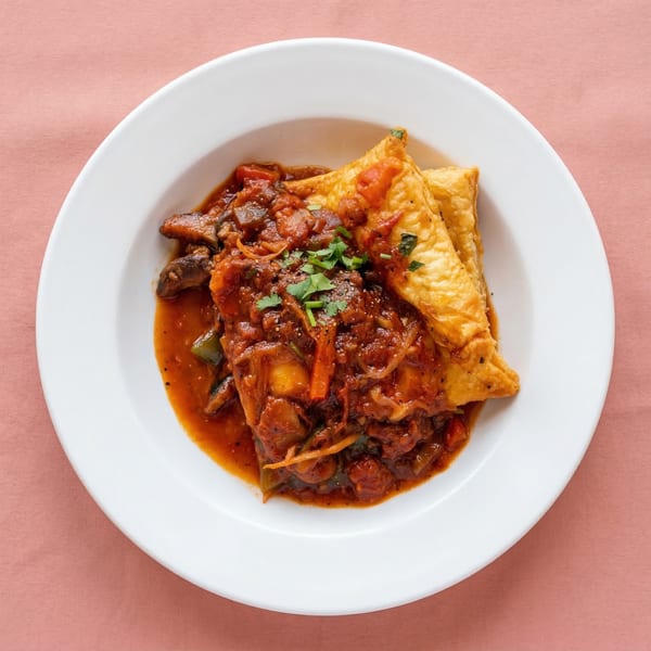 Vietnamese dish with a rich, dark red sauce, vegetables, and two golden pastry triangles.