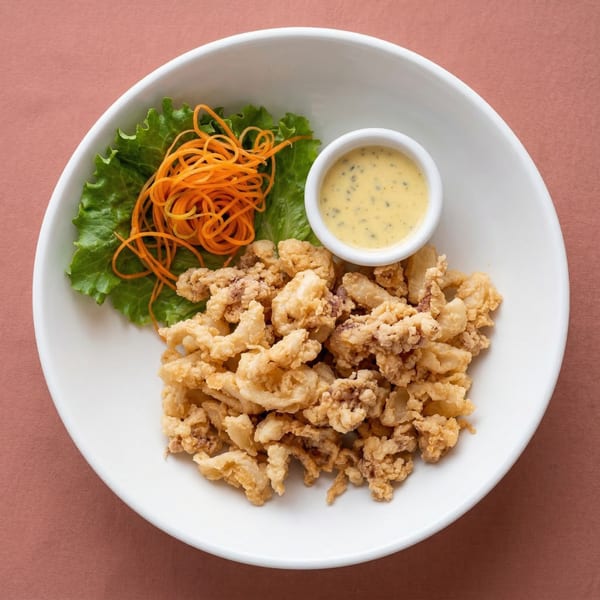 Crispy fried calamari with a side of creamy dipping sauce, lettuce, and shredded carrots.