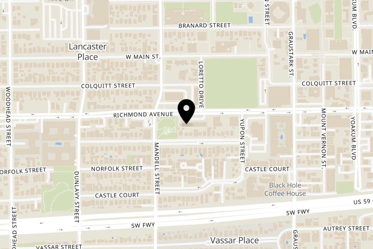 Map showing the location of Miss Saigon Cafe on 1421 Richmond Ave in Houston